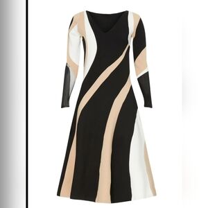 Donna Karan Black, Beige, and White Long Sleeve Dress